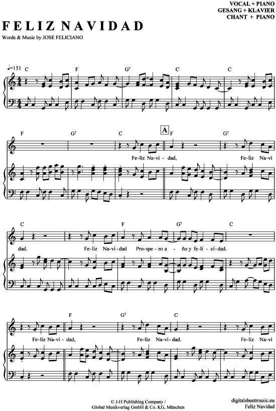 Feliz Navidad (Klavier + Gesang) (Klavier Gesang  Gitarre) von Jose Feliciano