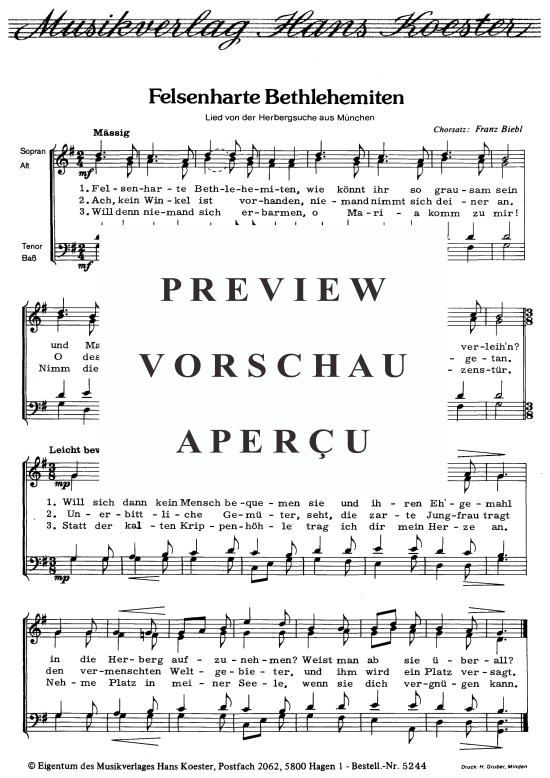 Felsenharte Bethlehemiten (Gemischter Chor) (Gemischter Chor) von Volkslied (Satz Franz Biebl)