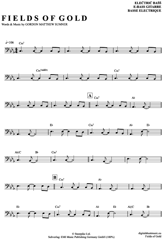 Fields of Gold EBass PDF Noten von Sting in C Moll 7140328 Fields of Gold EBass PDF Noten von Sting in C Moll 7140328