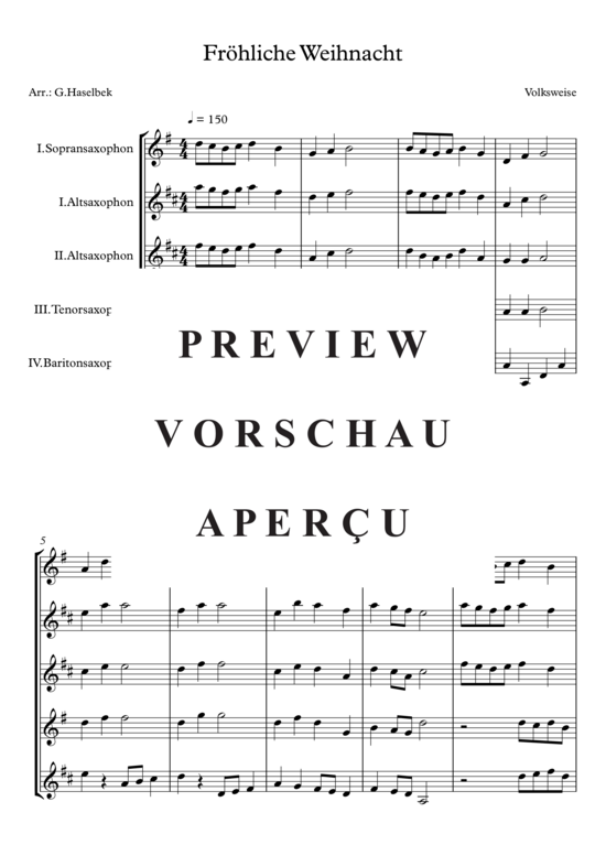 Fröhliche Weihnacht Saxophon Quartett S/A A T B PDF Noten von Trad