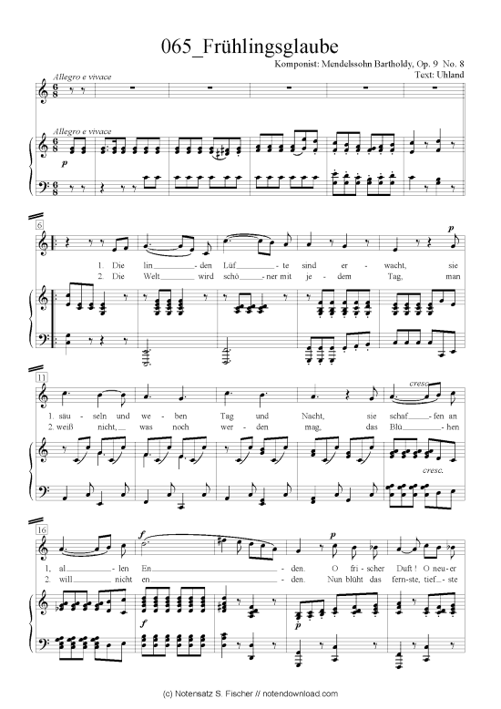 Fr uuml hlingsglaube (Klavier + Gesang) (Klavier  Gesang) von Felix Mendelssohn Bartholdy (1809-1947)