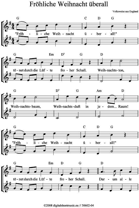 Fr hliche Weihnacht berall (2x Blockfl te) (Duett (Fl te)) von Weihnachtslied (sehr einfach)