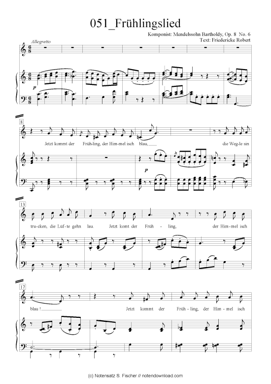 Fr hlingslied (Klavier + Gesang) (Klavier  Gesang) von Felix Mendelssohn Bartholdy (1809-1947)