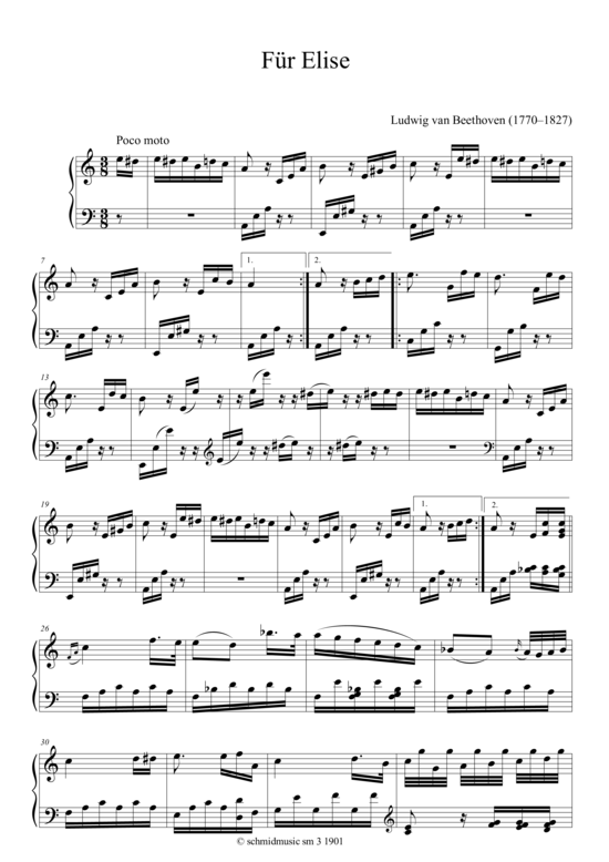 Für Elise Klavier Solo PDF Noten von Ludwig van Beethoven in A Moll sm31901