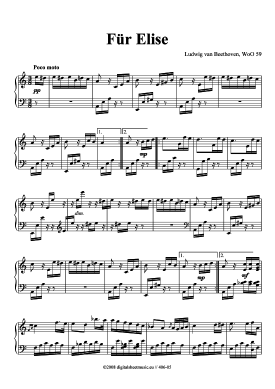 F r Elise (Original) (Klavier solo) (Klavier Solo) von Ludwig van Beethoven (1770-1827)