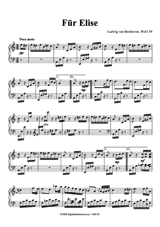 Für Elise Original Klavier solo - PDF Noten von Ludwig van Beethoven 1770-1827 in A Moll - 406-05