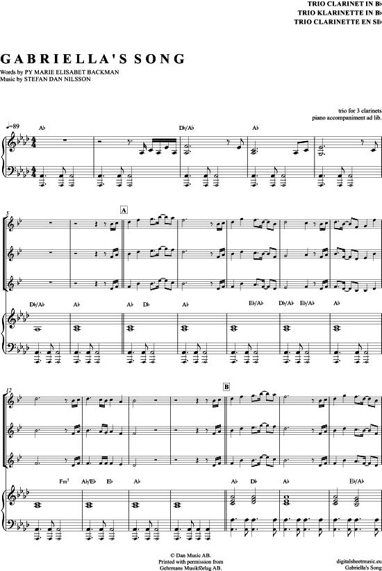 Gabriellas Song (Klarinetten Trio + Klavier) (Trio (Klarinette)) von Helen Sj holm (Filmmusik aus Wie im Himmel) 