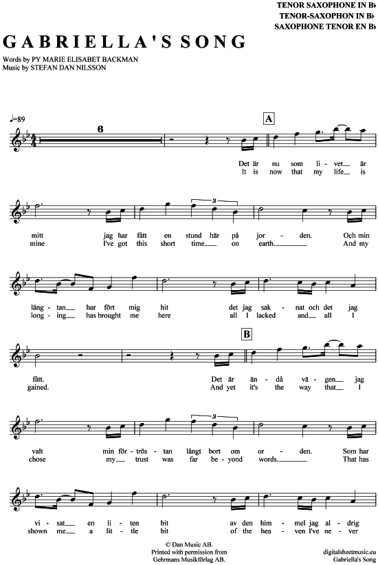 Gabriellas Song (Tenor-Sax) (Tenor Saxophon) von Helen Sj holm (Filmmusik aus Wie im Himmel) 