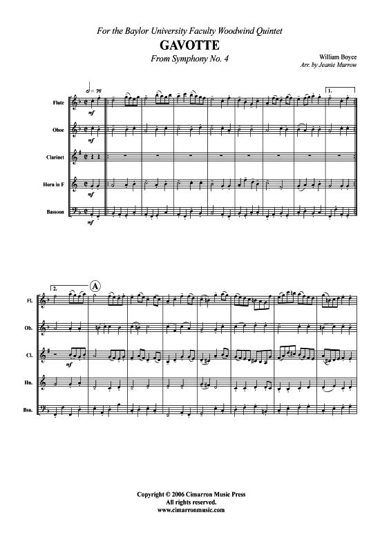 Gavotte aus Symphonie Nr. 4 (Holzbl auml ser-Quintett) (Quintett (Holzbl ser)) von William Boyce