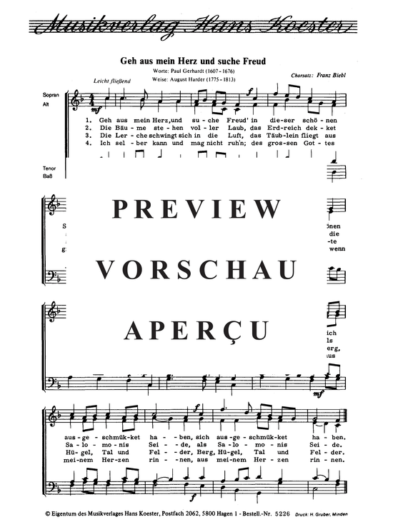 Geh aus mein Herz und suche Freud Gemischter Chor PDF Noten von Harder, August Satz Franz Biebl