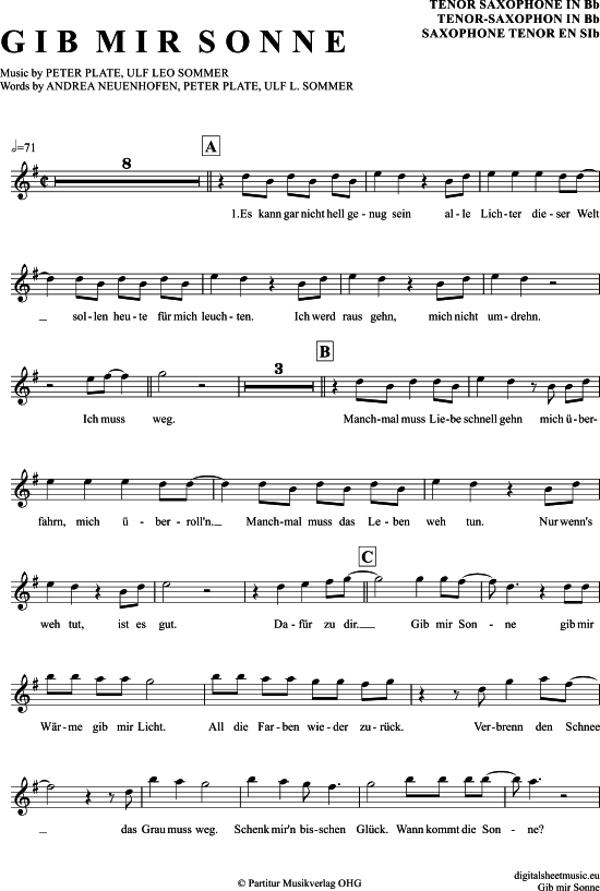 Gib mir Sonne (Tenor-Sax) (Tenor Saxophon) von Rosenstolz