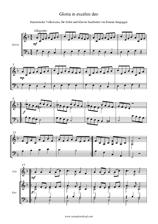 Gloria in excelsis deo (Melodie in C + Klavier) (Klavier  Melodieinstr.) von franz sische Volksweise