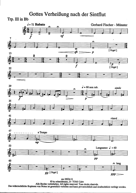Gottes Verheissung nach der Sindflut (Trompete 3 - Einzelstimme) (Gemischter Chor Bl ser Orgel) von Gerhard Fischer M uuml nster (nach Gen 8 21-22 amp 9 9-13)
