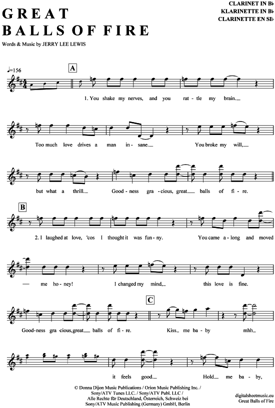 Great balls of fire (Klarinette in B) (Klarinette) von Jerry Lee Lewis