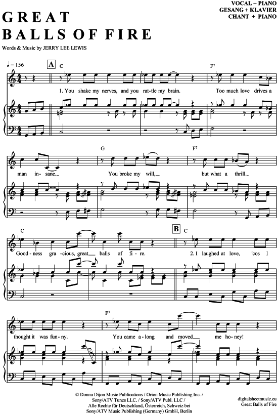 Great balls of fire (Klavier + Gesang) (Klavier Gesang  Gitarre) von Jerry Lee Lewis