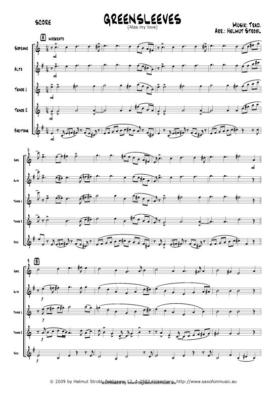 Greensleeves (Alas my love) (Saxophonquintett SATTB) (Quintett (Saxophon)) von arr. Helmut Strobl