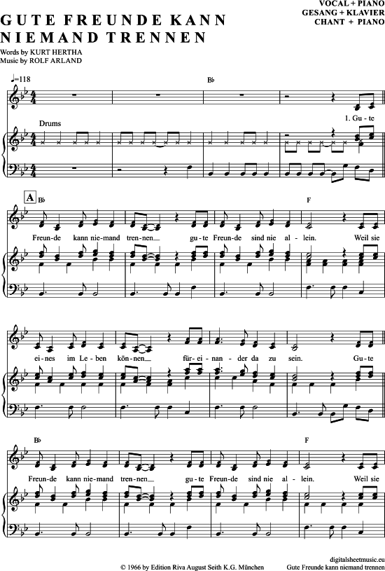 Gute Freunde Kann Niemand Trennen Klavier + Gesang PDF Noten von