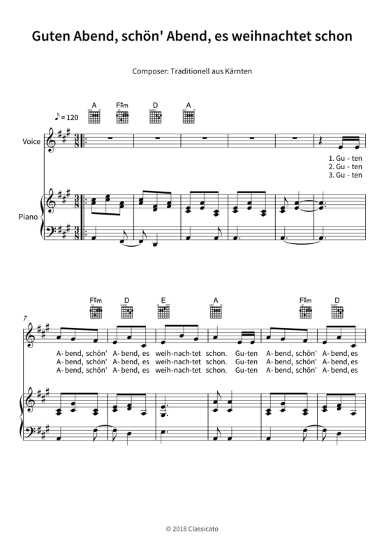 Guten Abend, schön´ Abend, es weihnachtet schon Gesang   Klavier, Gitarre - PDF Noten von Kärnten,