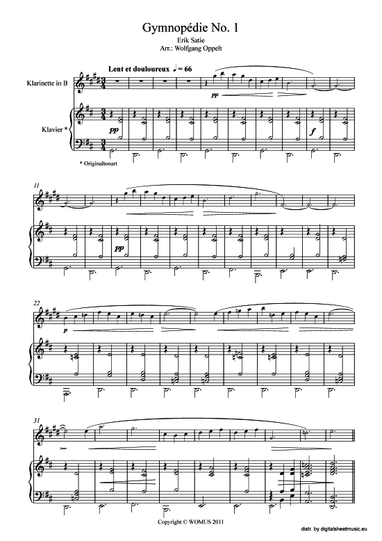 Gymnopedie No. 1 (Klarinette in B + Klavier Orgel) (Klavier  Klarinette) von Erik Satie (arr. WO)