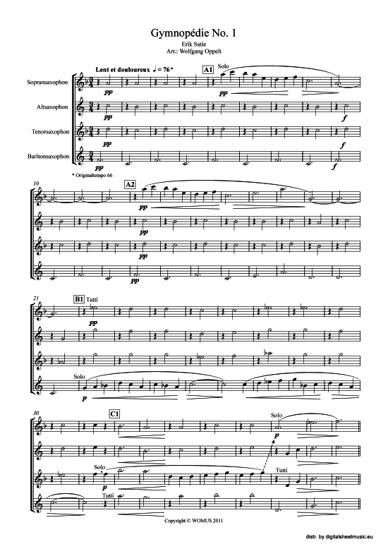 Gymnopedie No. 1 (Saxophon Quartett SATB) (Quartett (Saxophon)) von Erik Satie (arr. WO)
