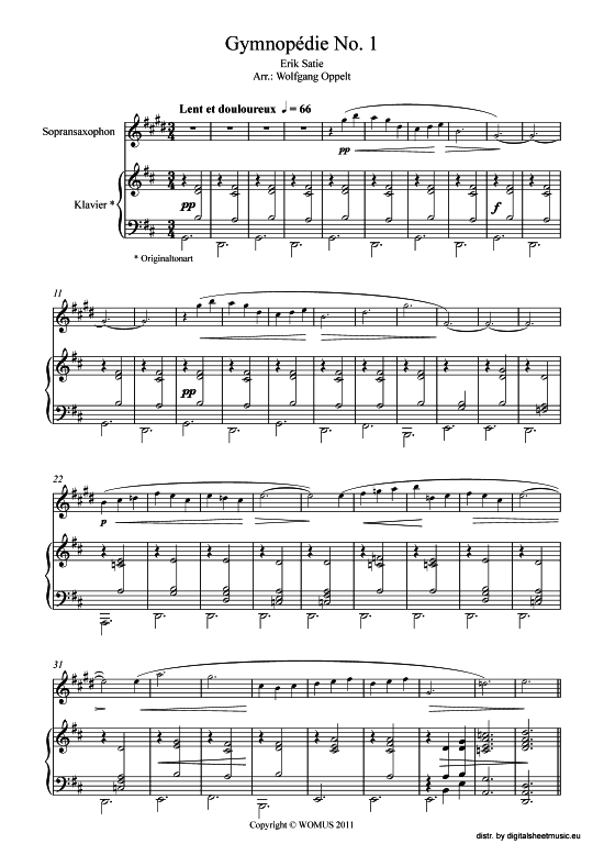 Gymnopedie No. 1 (Sopran Saxophon + Klavier Orgel) (Klavier  Sopran Saxophon) von Erik Satie (arr. WO)