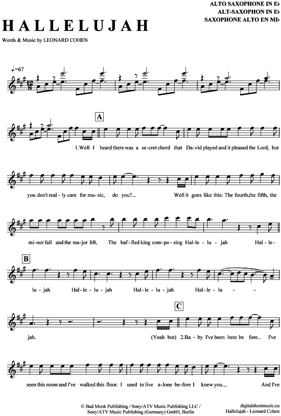 Hallelujah (Alt-Sax) (Alt Saxophon) von Jeff Buckley