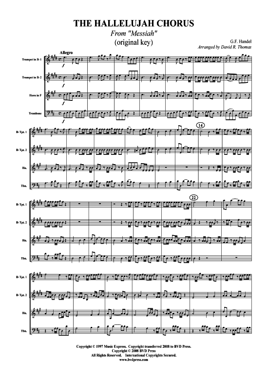 Hallelujah Chorus  zwei Tonarten (2xTromp in B Horn in F (Pos) Pos) (Quartett (Blech Brass)) von G. F. H ndel HWV 56 (arr. Thomas)