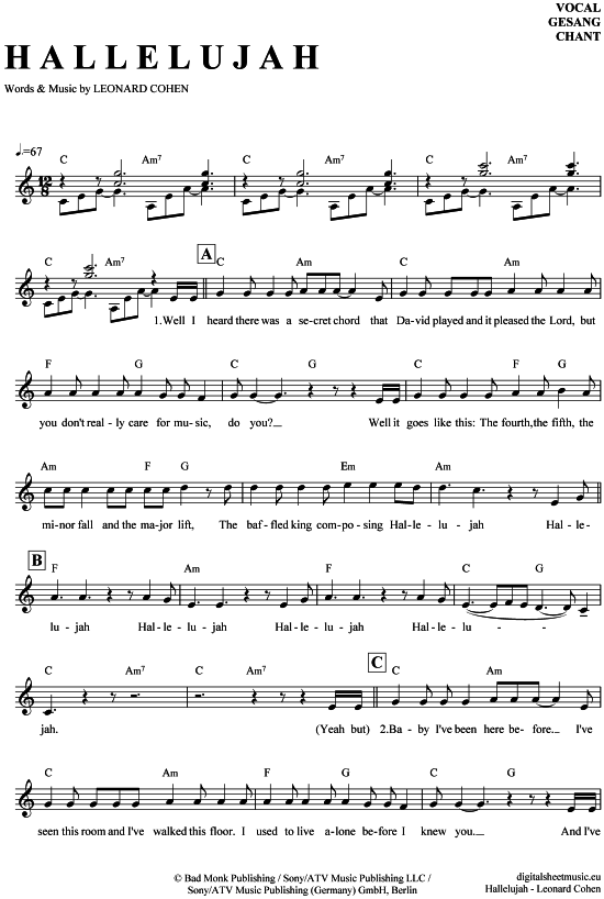 Hallelujah (Gesang) (Gesang  Akkorde) von Jeff Buckley