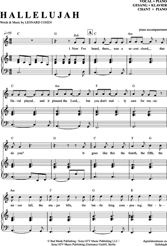 Hallelujah Klavier Begleitung   Gesang - PDF Noten von Leonard Cohen in C Dur - 7070816