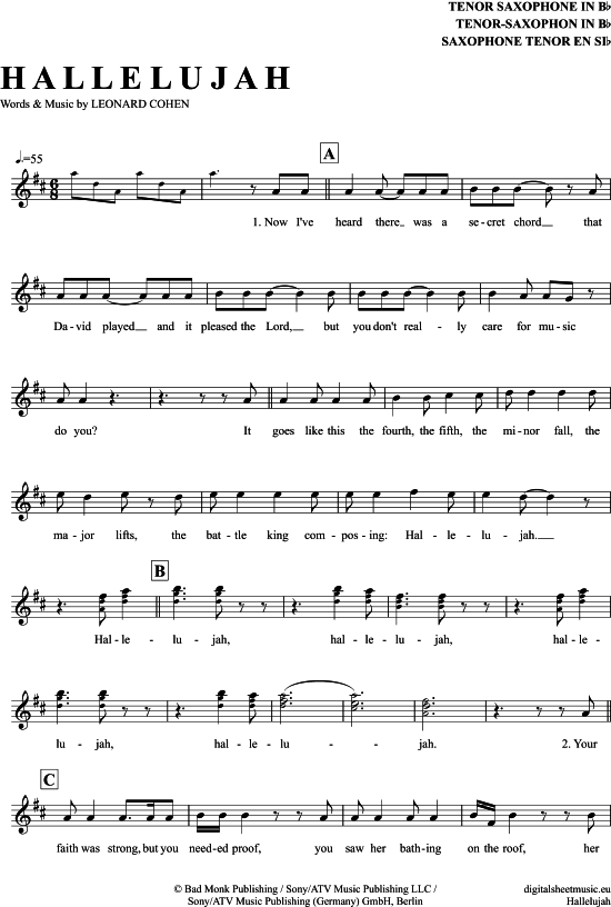 Hallelujah TenorSax PDF Noten von Leonard Cohen in D Dur 7111159