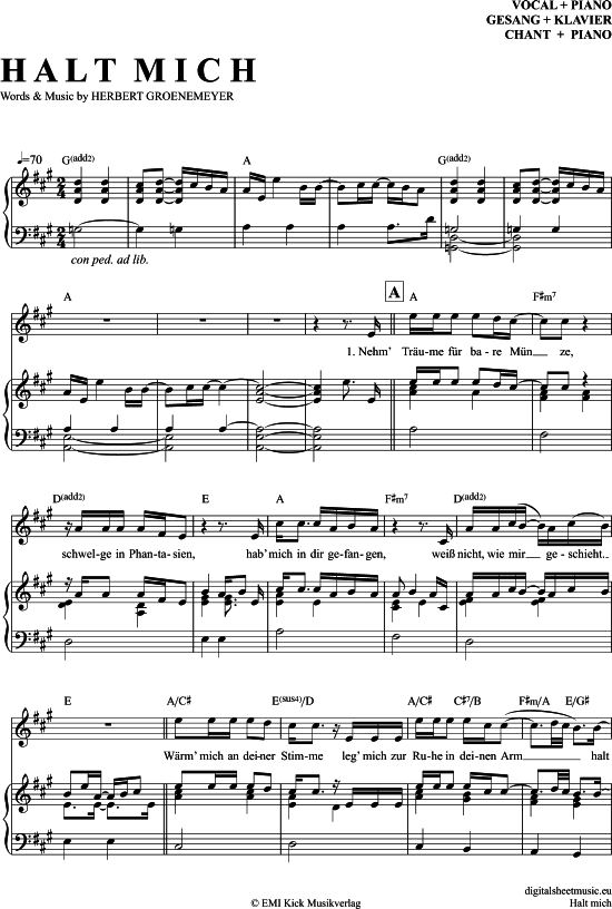Halt Mich Klavier + Gesang PDF Noten von Herbert Grönemeyer in A Dur 7070737 Halt Mich Klavier + Gesang PDF Noten von Herbert Grönemeyer in A Dur 7070737