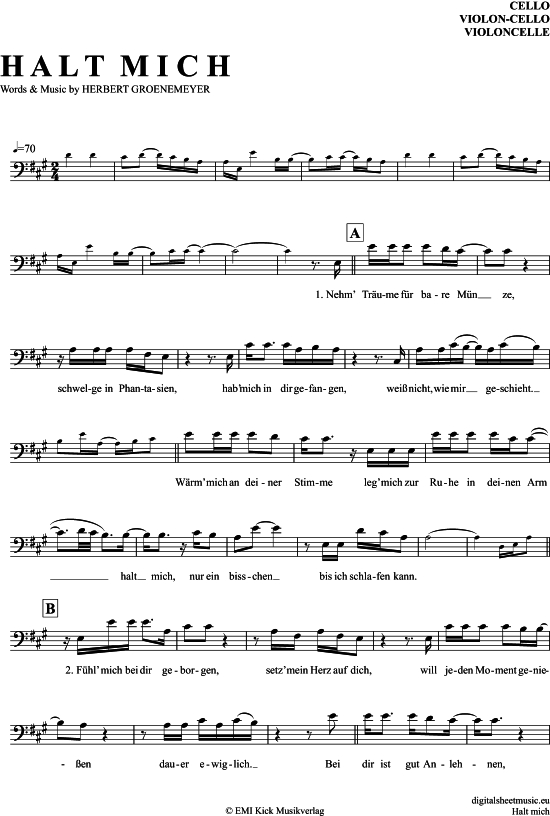 Küss Mich Halt Mich Lieb Mich Noten Violine Halt Mich Violon-Cello - PDF Noten von Herbert Grönemeyer in A Dur