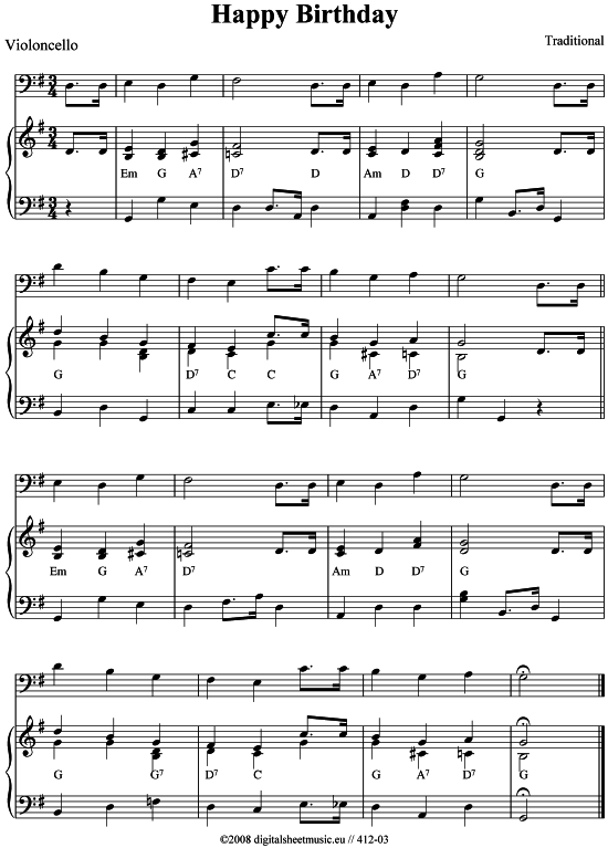 Happy Birthday Cello + Klavier PDF Noten von Traditional in 41203