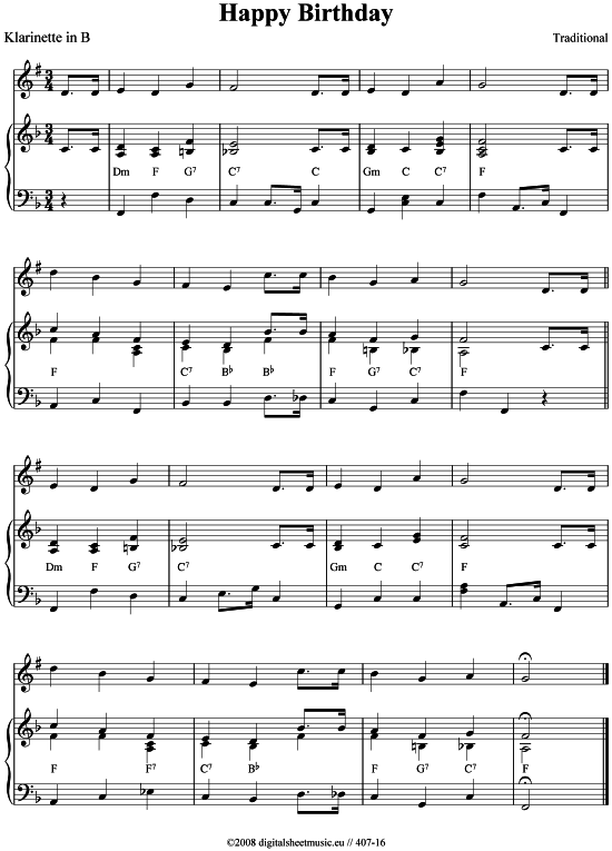 Happy Birthday (Klarinette + Klavier) (Klavier  Klarinette) von Traditional