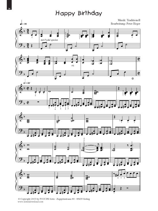 Happy Birthday (Klavier Solo anspruchsvoll) mit Boogie-Variation (Klavier Solo) von Arr. Peter Heger (aus Boogies Band 5)