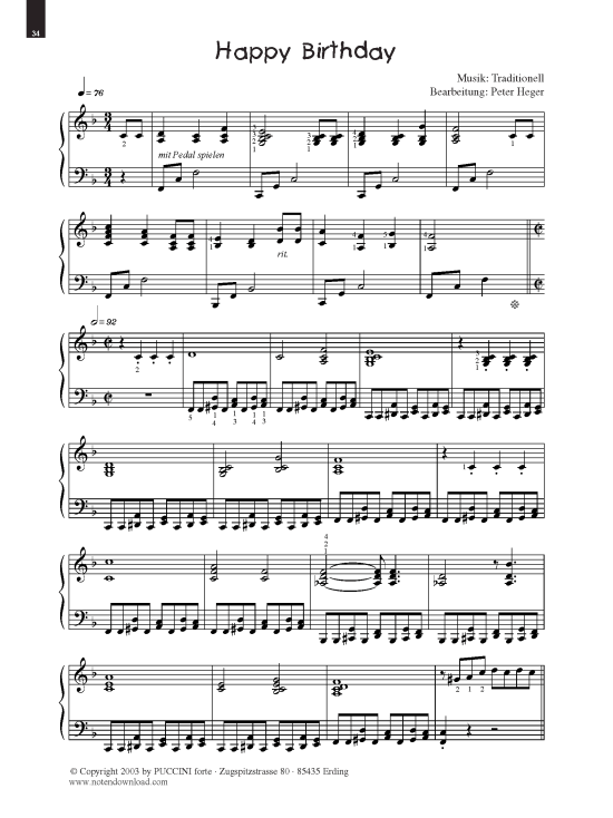 Happy Birthday Klavier Solo anspruchsvoll mit BoogieVariation PDF Noten von Arr. Peter Heger 5 F