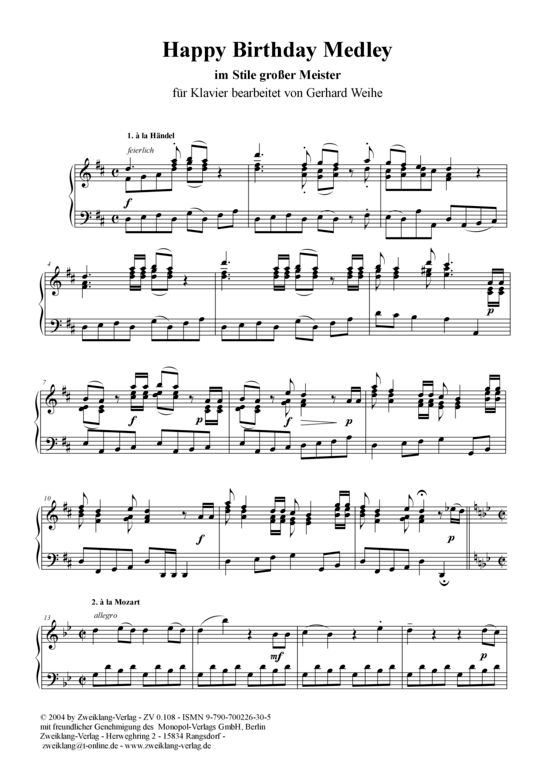Happy Birthday Medley (Klavier Solo) (Klavier Solo) von im Stil der Gro en Meister