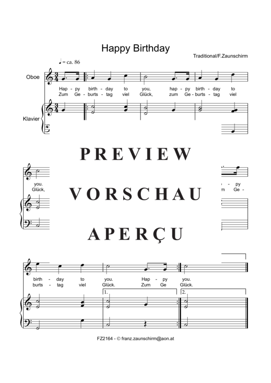 Happy Birthday Oboe + Klavier einfach PDF Noten von Traditionell in C