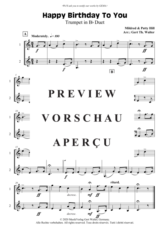 Happy Birthday To You (Trompete in B Duett ) (Duett (Trompete)) von Mildred Hill Patty Hill