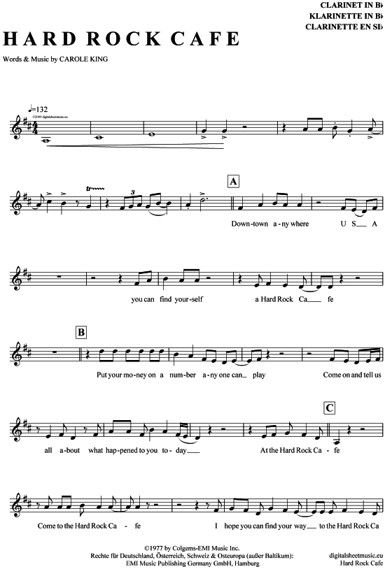 Hard Rock Cafe (Klarinette in B) (Klarinette) von Carole King