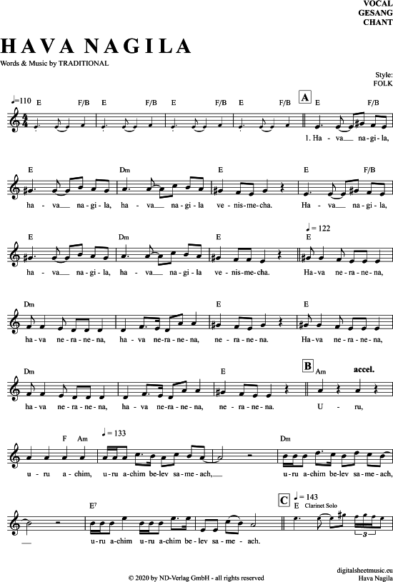 Hava Nagila Gesang PDF Noten von Traditional in A Moll 7040548