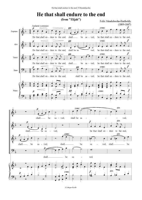 He that shall endure to the end (Gemischter Chor + Orgel Klavier) (Gemischter Chor Orgel) von Felix Mendelssohn-Bartholdy (aus Elijah)