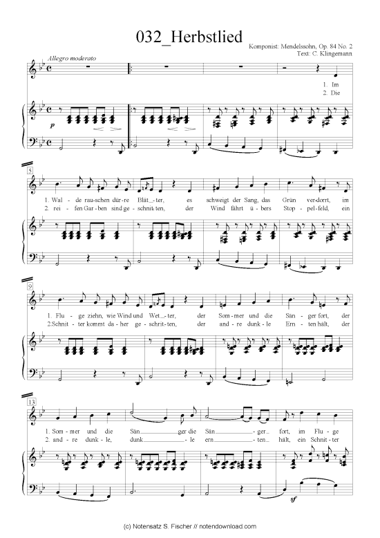 Herbstlied (Klavier + Gesang) (Klavier  Gesang) von Felix Mendelssohn Bartholdy (1809-1947)