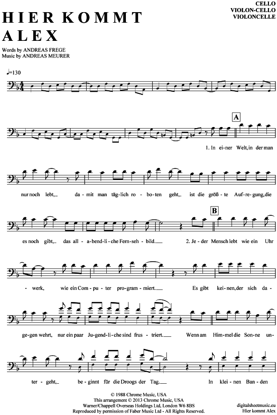 Die Toten Hosen Hier Kommt Alex Text Hier kommt Alex Violon-Cello - PDF Noten von Die Toten Hosen in D Moll