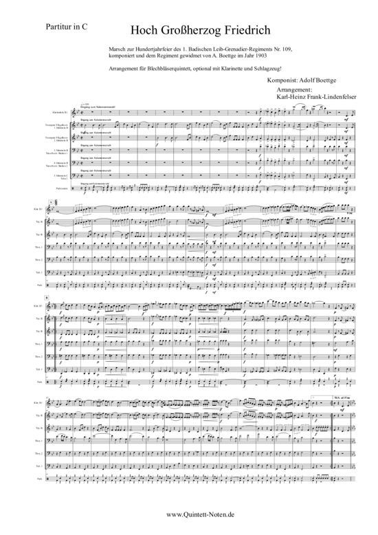 Hoch Gro herzog Friedrich (Blechbl ser Quintett - flexible Besetzung + Schlagzeug) (Quintett (Blech Brass)) von Adolph Boettge