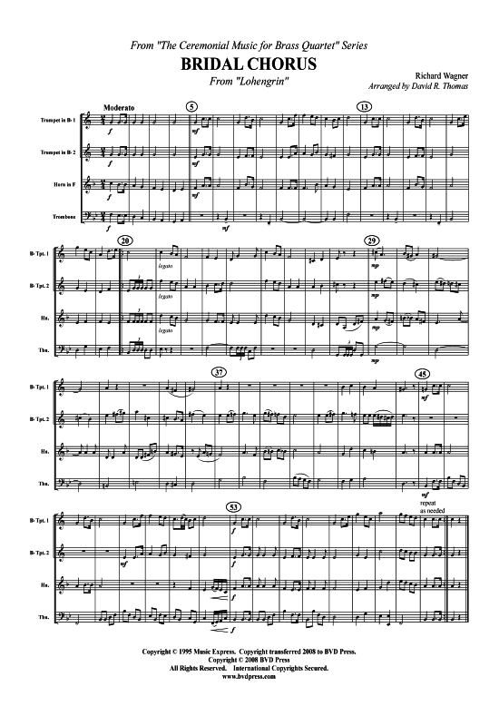 Hochzeitsmarsch (2xTromp in B Horn in F (Pos) Pos) (Quartett (Blech Brass)) von Richard Wagner (arr. Thomas)