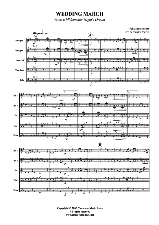 Hochzeitsmarsch (Blechbl auml serquintett) (Quintett (Blech Brass)) von Felix Mendelssohn Bartholdy