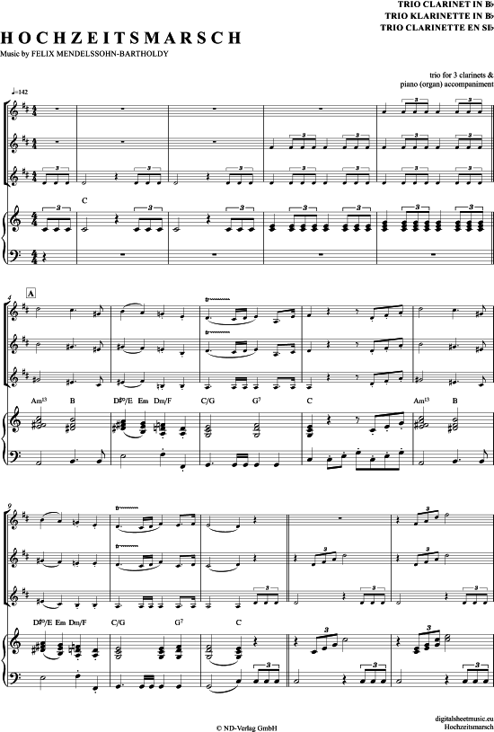 Hochzeitsmarsch (Klarinetten Trio + Klavier) (Trio (Klarinette)) von Felix Mendelssohn Bartholdy