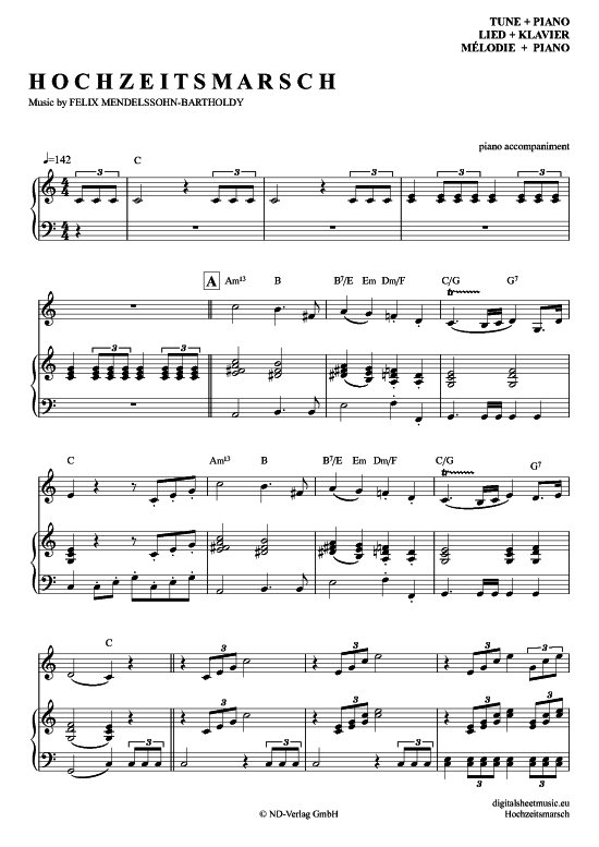 Hochzeitsmarsch (Klavier Begleitung + Melodie) (Klavier  Melodieinstr.) von Felix Mendelssohn Bartholdy