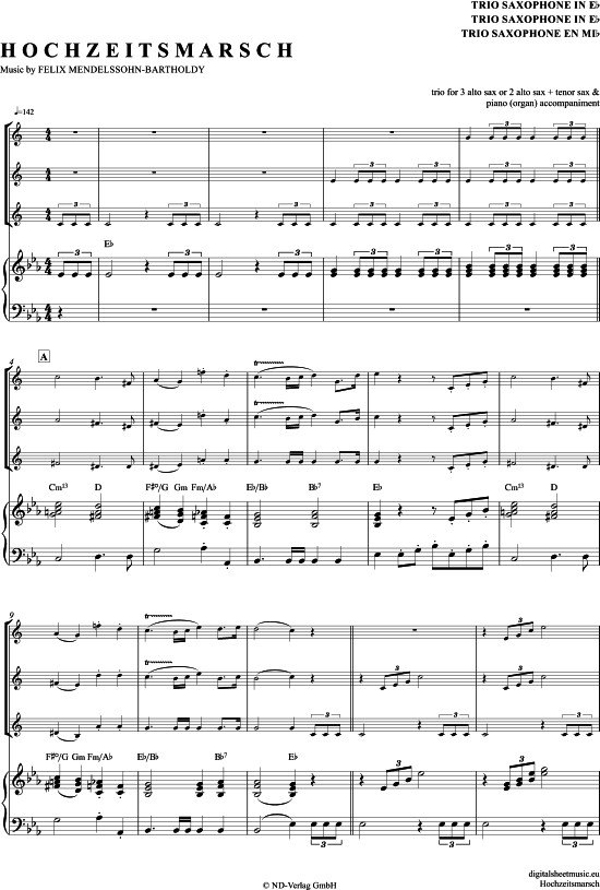 Hochzeitsmarsch (Saxophon Trio AAA(T) + Klavier) (Trio (Saxophon)) von Felix Mendelssohn Bartholdy